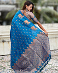 Rama Blue Soft Silk Dual Zari Woven Saree with Nandi Border