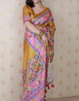 Gold Tussar Silk Floral Printed Saree with Zari Woven Border