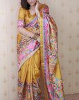 Gold Tussar Silk Floral Printed Saree with Zari Woven Border