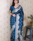 Blue Banarasi Soft Silk Silver Zari Woven Saree