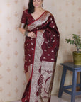 Maroon Banarasi Soft Silk Silver Zari Woven Saree