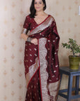Maroon Banarasi Soft Silk Silver Zari Woven Saree