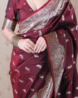 Maroon Banarasi Soft Silk Silver Zari Woven Saree