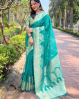 Sea Green Organza Floral Rainbow Zari Woven Unique Saree with Unstitched Blouse