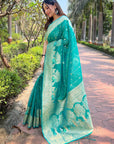 Sea Green Organza Floral Rainbow Zari Woven Unique Saree with Unstitched Blouse