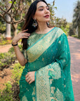 Sea Green Organza Floral Rainbow Zari Woven Unique Saree with Unstitched Blouse