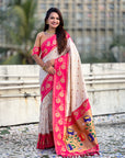 Cream Soft Silk Lotus Paithani Saree