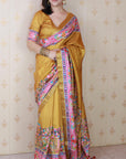 Gold Tussar Silk Floral Printed Saree with Zari Woven Border