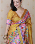 Gold Tussar Silk Floral Printed Saree with Zari Woven Border