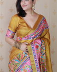 Gold Tussar Silk Floral Printed Saree with Zari Woven Border