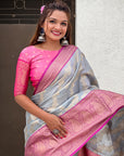 Grey Kanjivaram Soft Tissue Silk Leheriya Traditional Zari Woven Saree