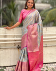 Grey Kanjivaram Soft Tissue Silk Leheriya Traditional Zari Woven Saree