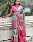 Grey Kanjivaram Soft Tissue Silk Leheriya Traditional Zari Woven Saree