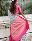 Grey Kanjivaram Soft Tissue Silk Leheriya Traditional Zari Woven Saree