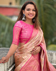 Peach Kanjivaram Soft Tissue Silk Leheriya Traditional Zari Woven Saree