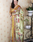 Yellow Tussar Silk Pattachitra Traditional Printed Zari Woven Saree