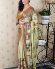 Yellow Tussar Silk Pattachitra Traditional Printed Zari Woven Saree