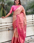 Peach Kanjivaram Soft Tissue Silk Leheriya Traditional Zari Woven Saree