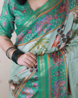 Sea Green Tussar Silk Pattachitra Traditional Printed Zari Woven Saree