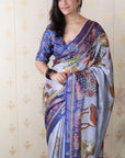 Blue Tussar Silk Pattachitra Traditional Printed Zari Woven Saree