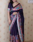 Navy Blue Tussar Silk Floral Printed Saree with Zari Woven Border