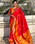 Red Paithani Silk Saree with Muniya Satin Border