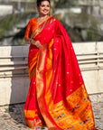 Red Paithani Silk Saree with Muniya Satin Border