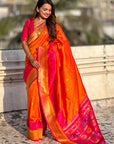 Orange Paithani Silk Saree with Muniya Satin Border