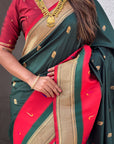 Bottle Green Paithani Silk Saree with Muniya Satin Border