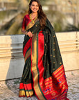 Bottle Green Paithani Silk Saree with Muniya Satin Border