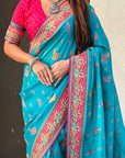 Rama Blue Pure Viscose Silk Position Printed Traditional Saree