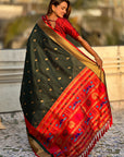 Bottle Green Paithani Silk Saree with Muniya Satin Border
