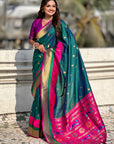 Green Paithani Silk Saree with Muniya Satin Border