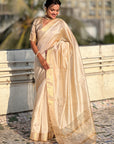 Chickoo Tussar Silk Plain Saree with Zari Woven Border