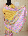 Gold Tussar Silk Floral Printed Saree with Zari Woven Border