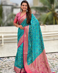 Aqua Blue Soft Silk Zari Woven Bandhani Patola Saree with Contrast Weaves