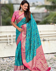 Aqua Blue Soft Silk Zari Woven Bandhani Patola Saree with Contrast Weaves