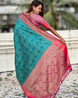 Aqua Blue Soft Silk Zari Woven Bandhani Patola Saree with Contrast Weaves