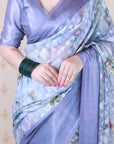 Blue Soft Georgette Floral Printed Zari Woven Saree