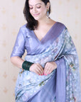 Blue Soft Georgette Floral Printed Zari Woven Saree