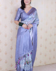 Blue Soft Georgette Floral Printed Zari Woven Saree