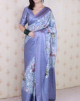 Blue Soft Georgette Floral Printed Zari Woven Saree