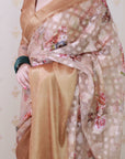 Brown Soft Georgette Floral Printed Zari Woven Saree