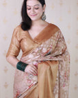 Brown Soft Georgette Floral Printed Zari Woven Saree