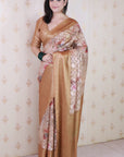 Brown Soft Georgette Floral Printed Zari Woven Saree