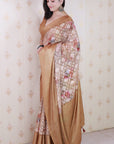 Brown Soft Georgette Floral Printed Zari Woven Saree