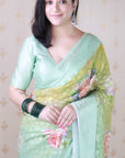 Pista Soft Georgette Floral Printed Zari Woven Saree