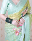 Pista Soft Georgette Floral Printed Zari Woven Saree