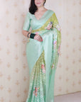 Pista Soft Georgette Floral Printed Zari Woven Saree