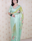 Pista Soft Georgette Floral Printed Zari Woven Saree